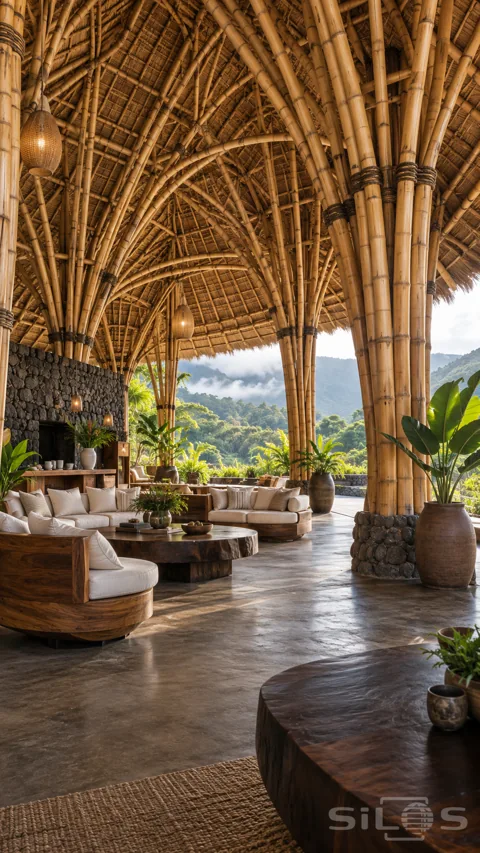 Open tropical lounge beneath a huge bamboo and thatch roof; with curved wooden sofas; cream cushions and misty forest hills beyond.