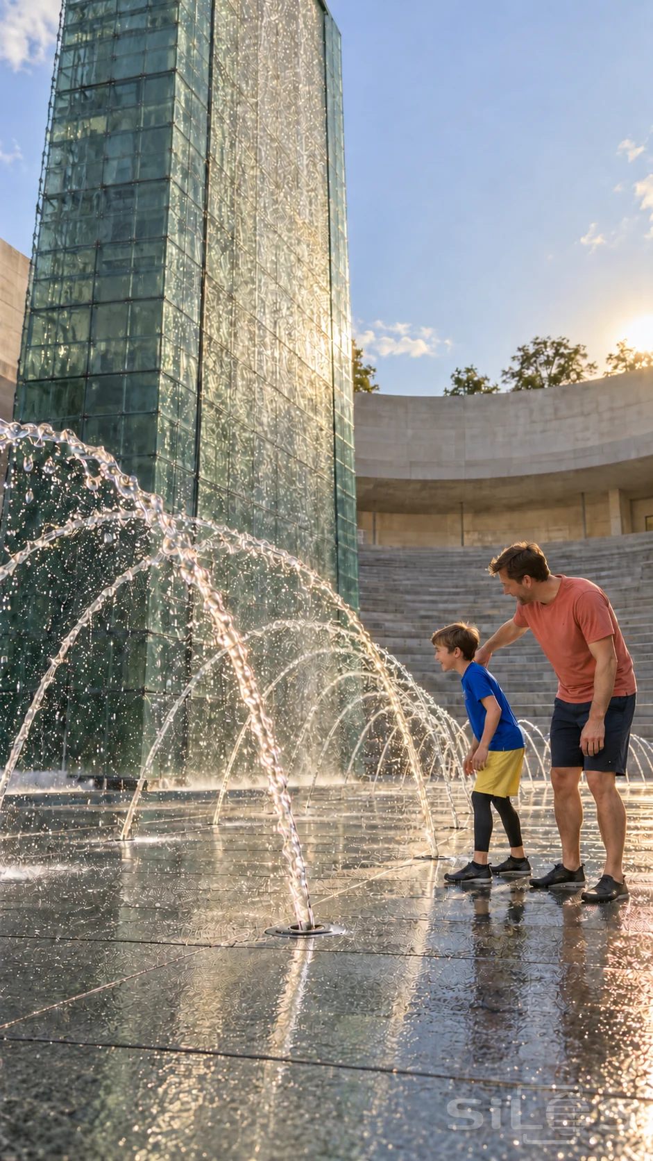A father and son lean toward water arches beside a tall fountain curtain flowing down green glass blocks in a stone plaza.