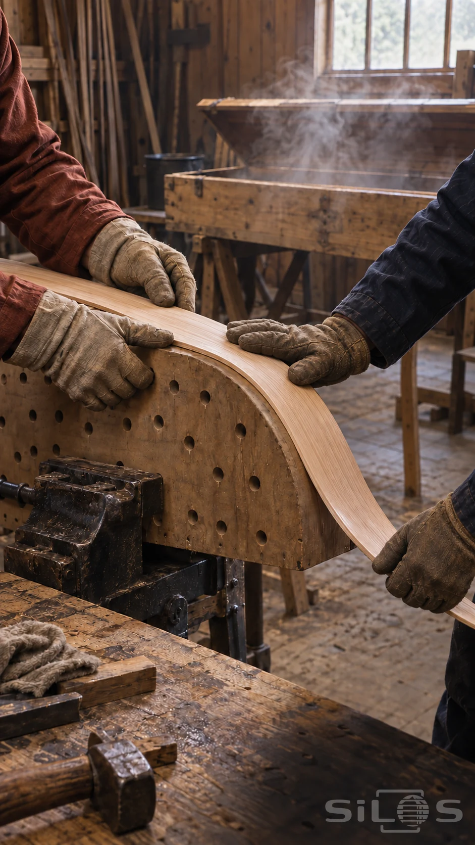 Steam bent oak strip held around a curved wooden form by four gloved workshop hands, with a bench vise and vapor rising behind.