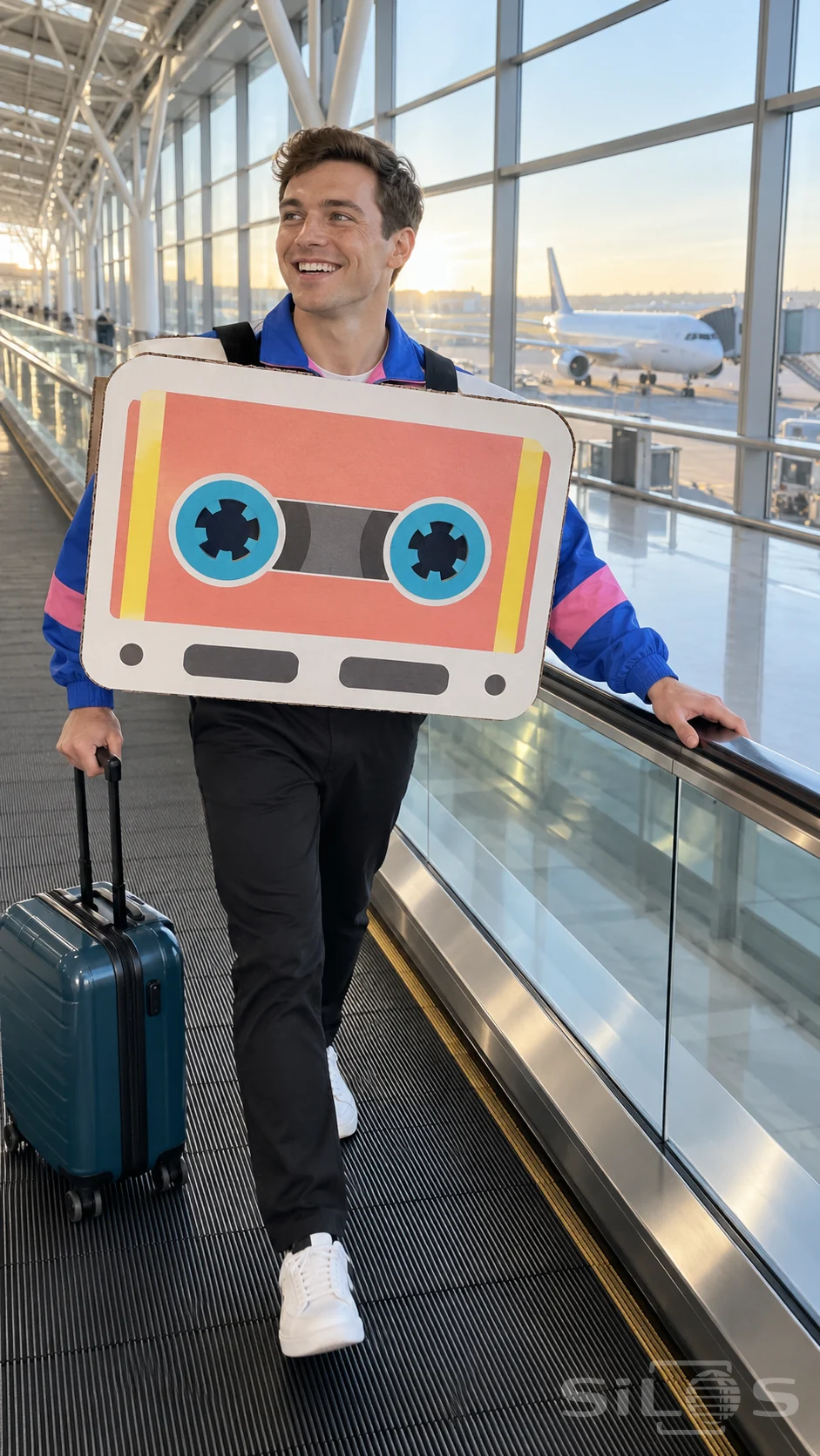 A smiling adult man wears a pastel cassette tape costume on an airport moving walkway while pulling a teal rolling suitcase.