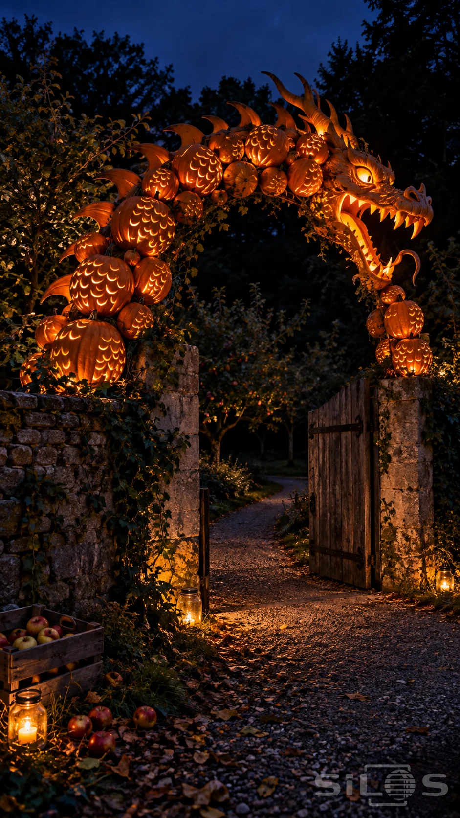 A glowing pumpkin dragon forms a carved arch over an open wooden gate into a dark walled orchard, with lantern jars below.