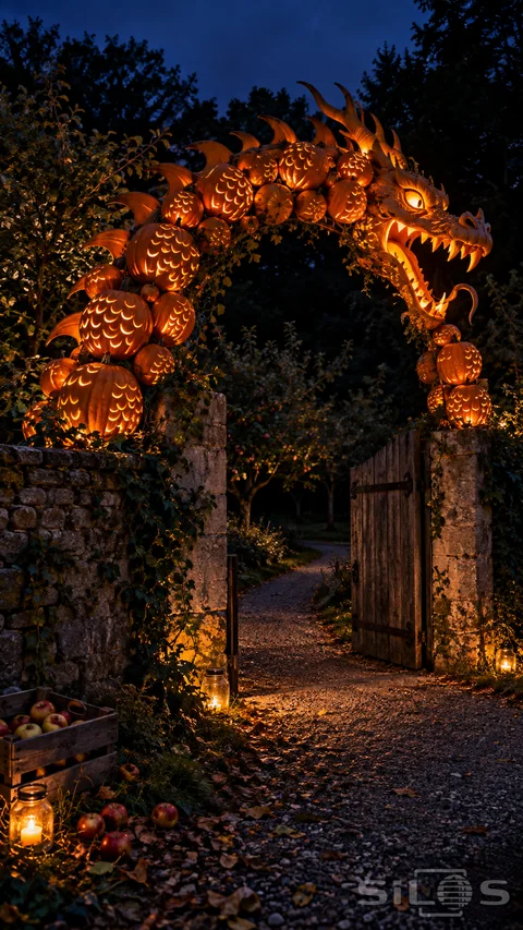 A glowing pumpkin dragon forms a carved arch over an open wooden gate into a dark walled orchard; with lantern jars below.