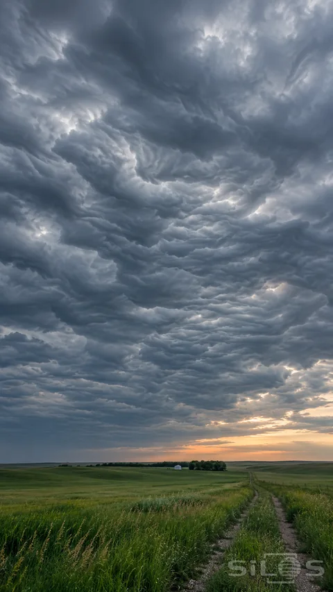 Asperitas cloud waves spread above a green prairie track and tiny white shed with warm evening light along the horizon.
