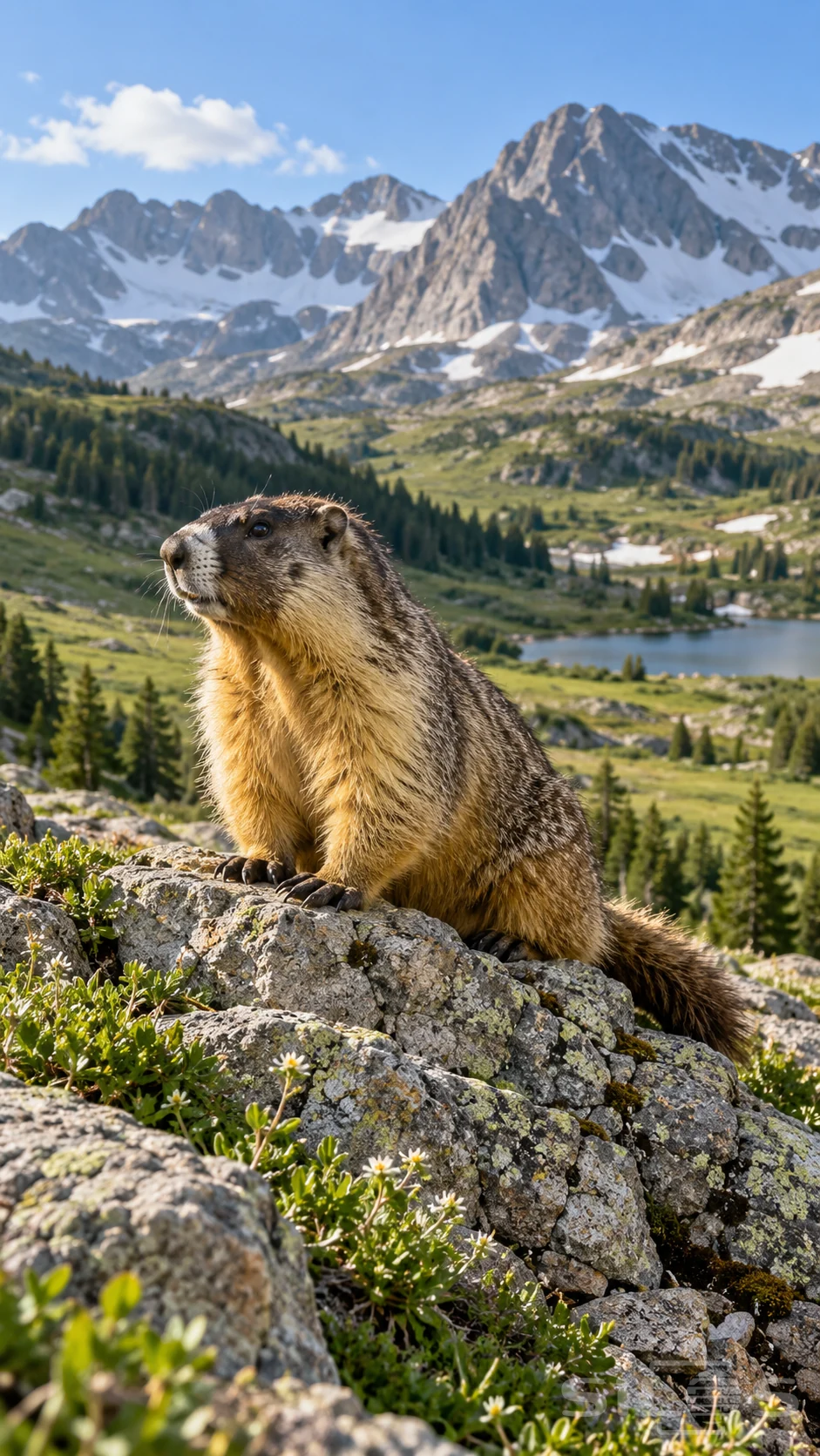 A yellow-bellied marmot sits on a granite ledge above a green alpine meadow and blue lake beneath snowy ridges.