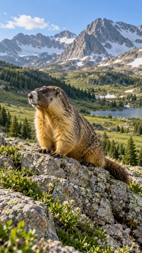A yellow-bellied marmot sits on a granite ledge above a green alpine meadow and blue lake beneath snowy ridges.