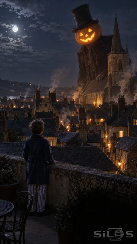 A boy in a dressing gown watches a towering pumpkin-headed figure above the moonlit rooftops of a town.