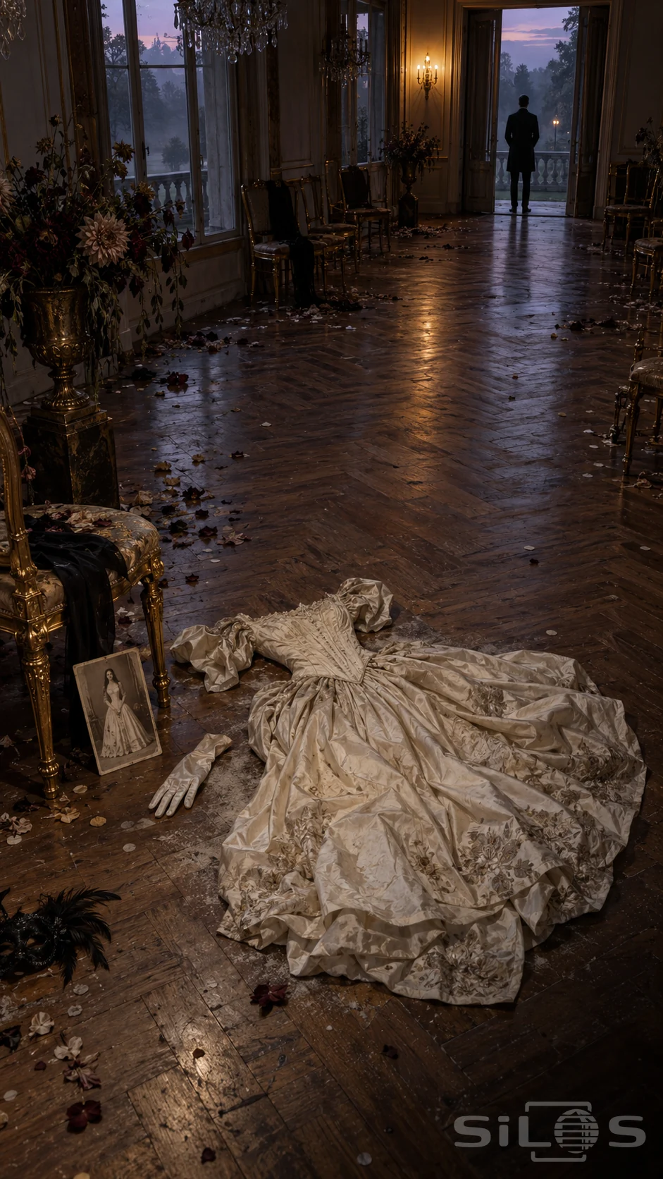An empty ivory ballgown lies on a ballroom’s parquet beside a glove and sepia portrait, with a distant man silhouetted in the doorway.