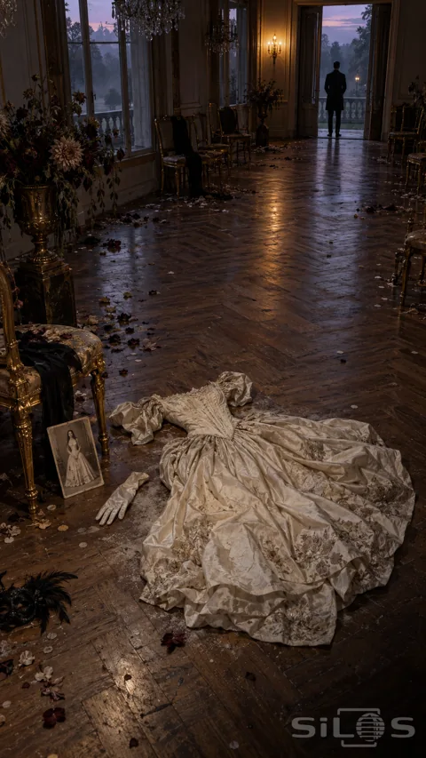 An empty ivory ballgown lies on a ballroom’s parquet beside a glove and sepia portrait; with a distant man silhouetted in the doorway.