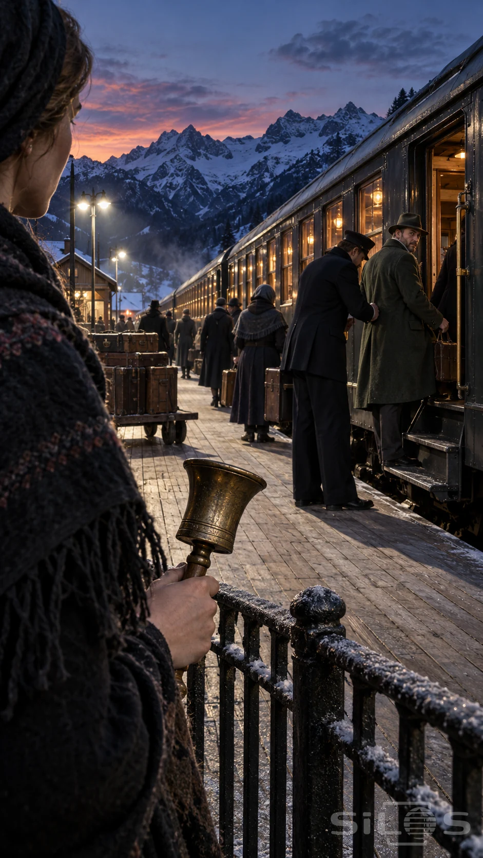 A woman holds a brass bell by a frosted railing as a man turns on a train step beside a very tall conductor and snowy peaks.