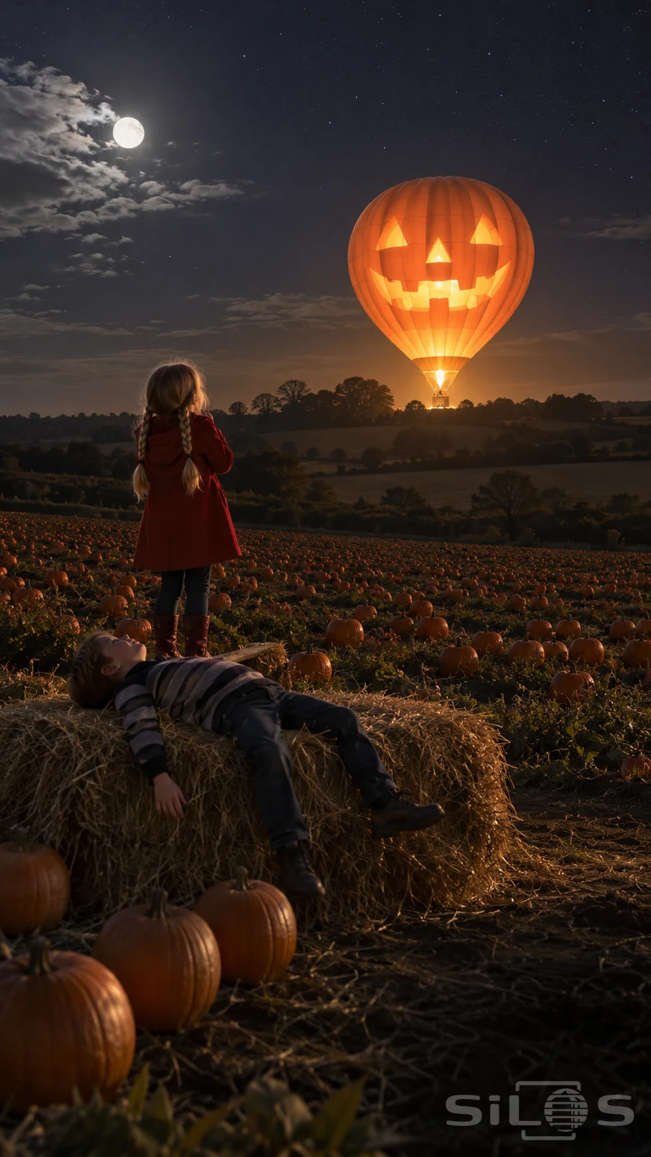 A glowing jack-o-lantern balloon rises beyond a pumpkin field while a girl watches and a boy lies back across a hay bale.