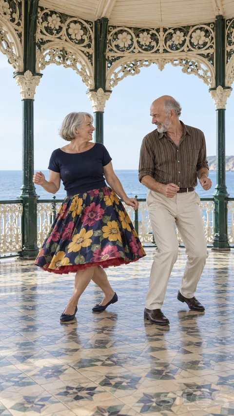 Older couple sharing a seaside twist dance in an ornate pavilion with a floral skirt and patterned tile floor.