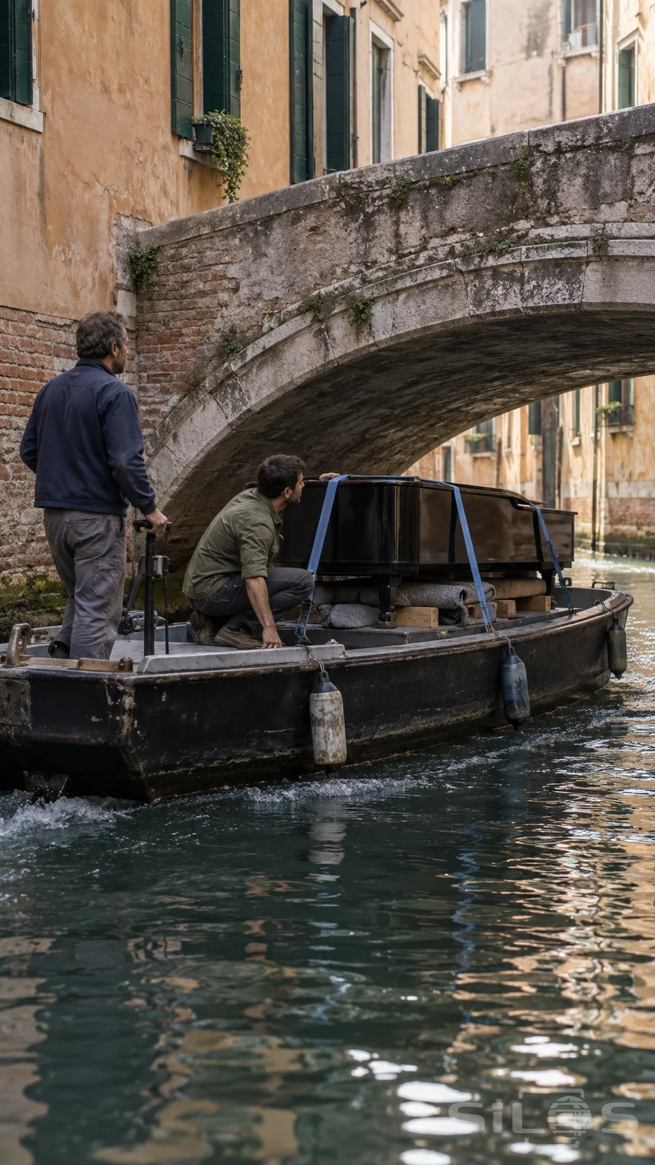 A piano boat moves beneath a low stone bridge; two adult men watch its clearance while blue straps secure the piano to a padded support.