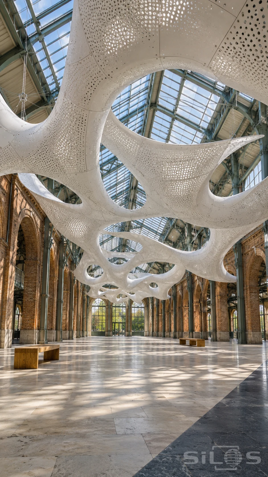 A vast white perforated metal canopy forms branching loops beneath a glass roof above an empty brick hall and two wooden benches.
