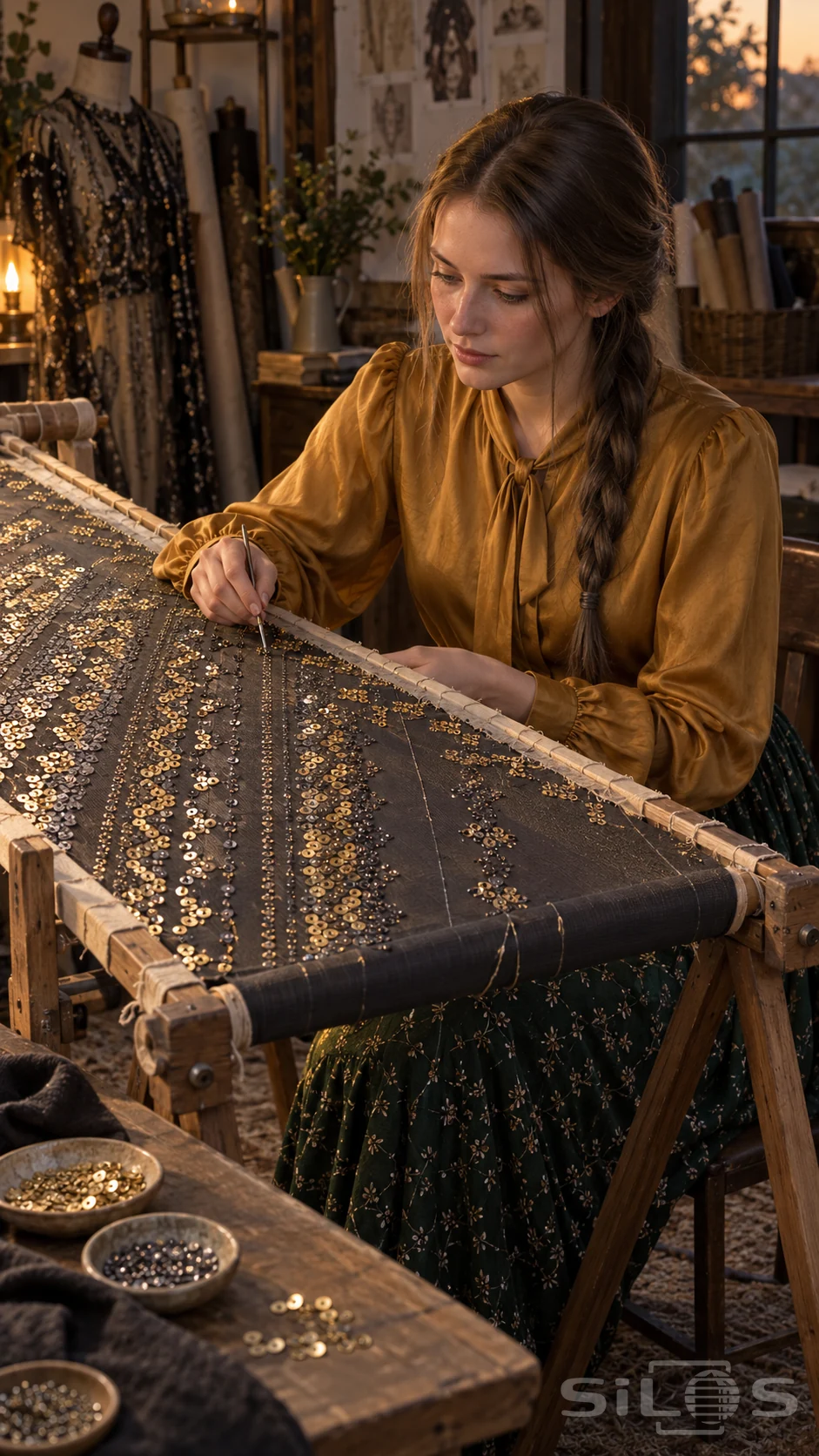 A woman works on tambour embroidery, wearing an amber silk blouse above a wooden frame filled with metallic sequin bands.