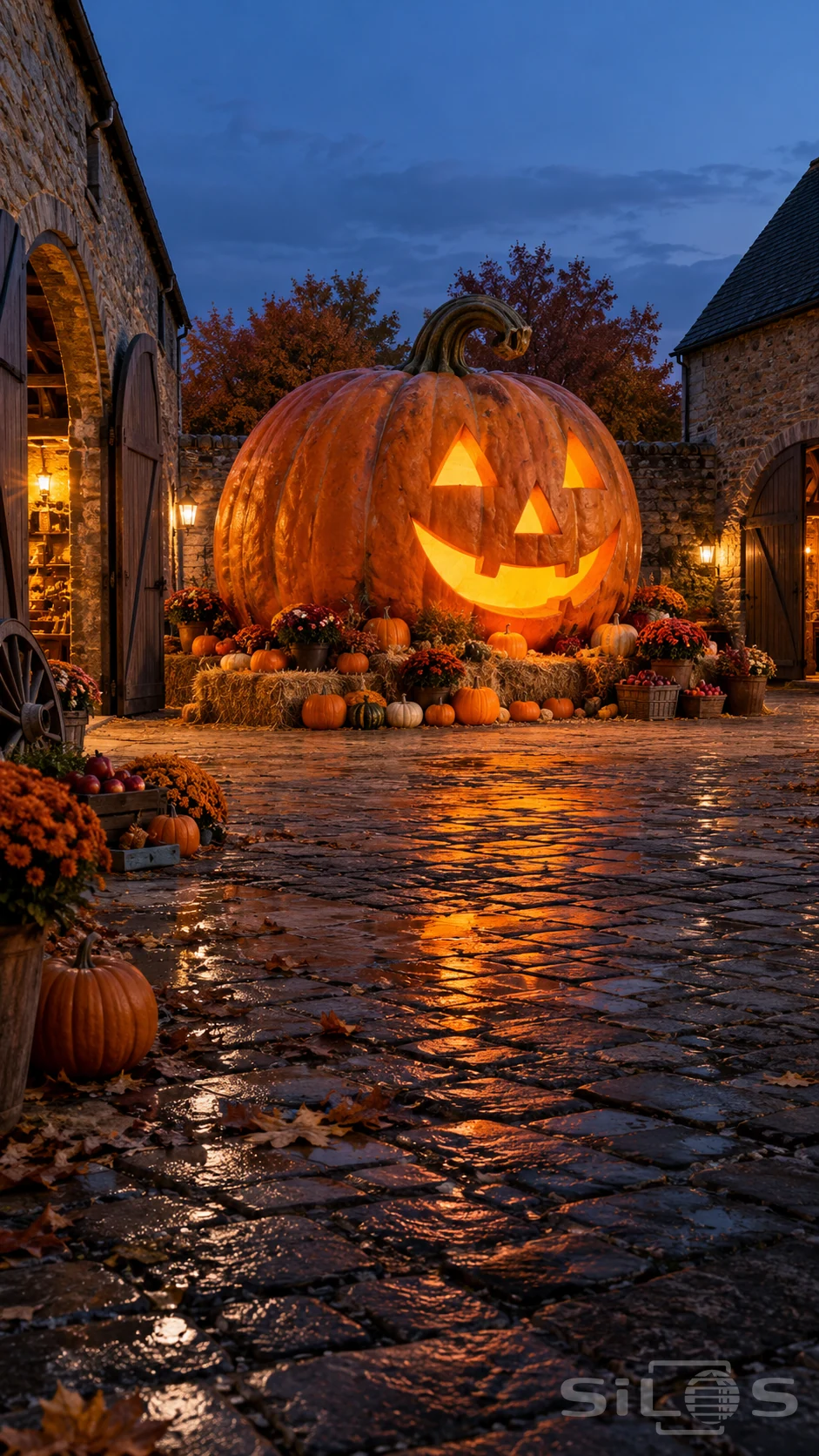 An enormous smiling pumpkin glows between stone barns above a harvest display at blue hour.