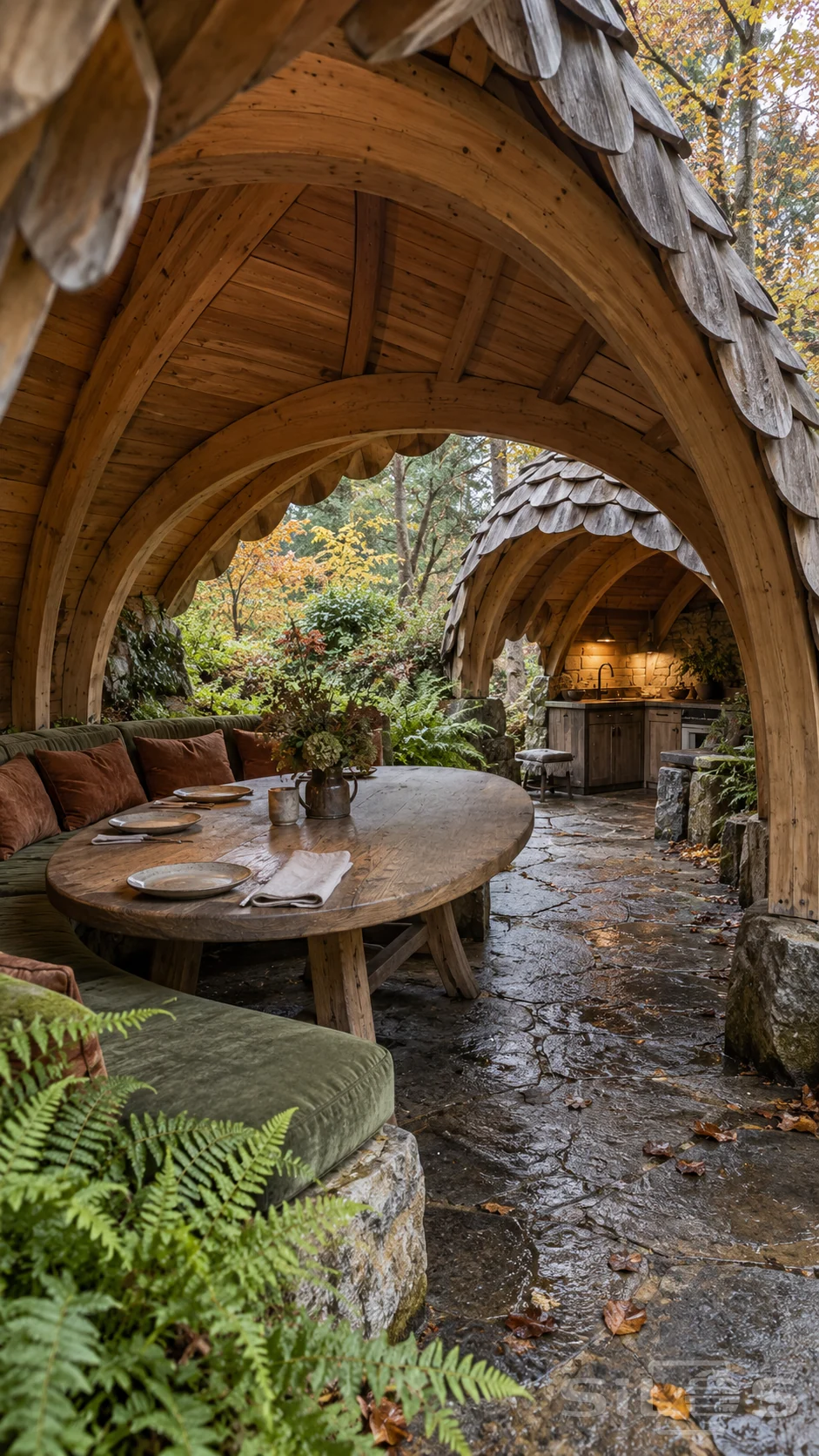 Curved cedar shells with overlapping shingles shelter an oval dining table, green fitted bench and smaller outdoor kitchen among ferns.