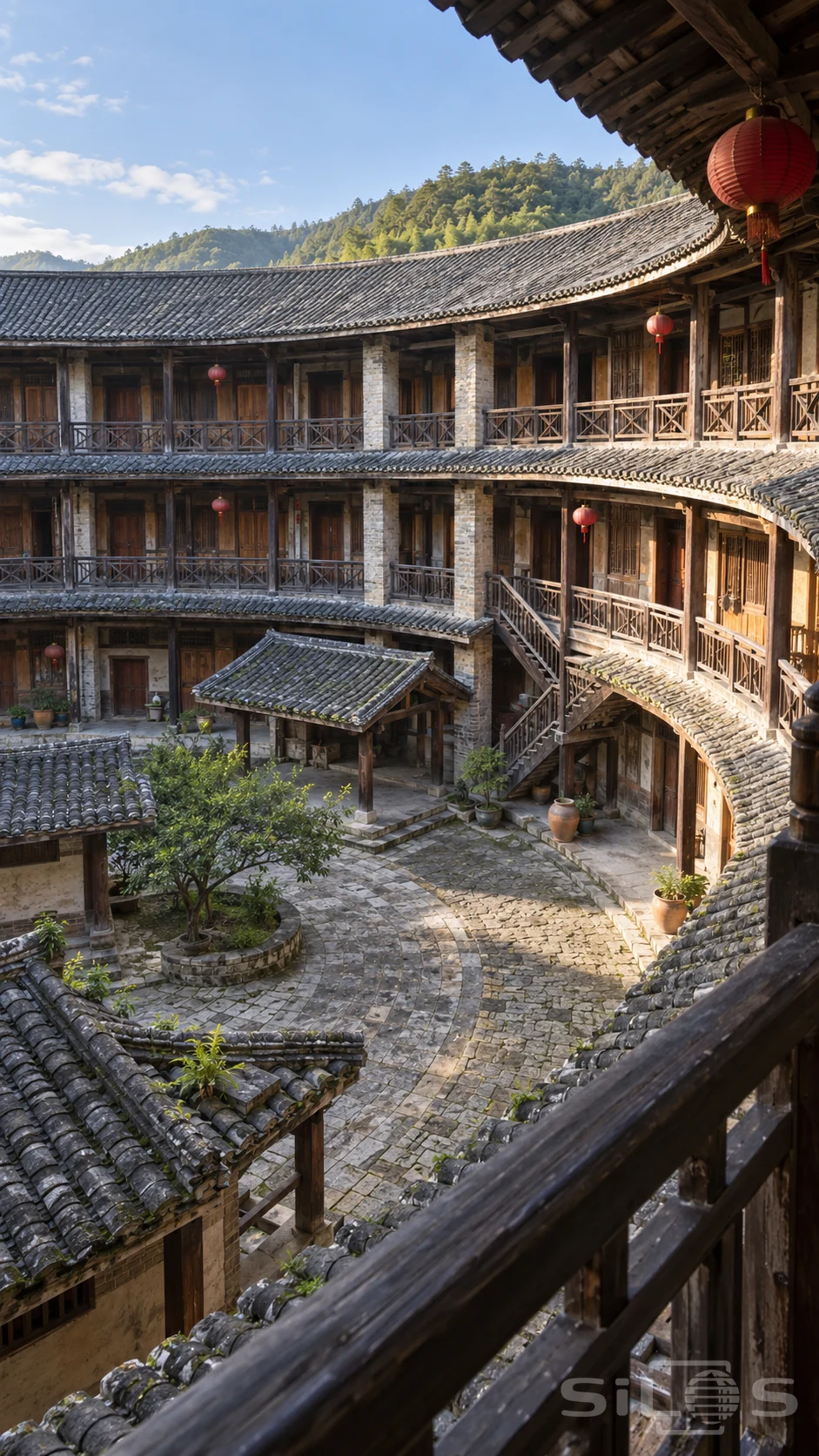 Several levels of curved timber balconies and gray tiled eaves surround a stone courtyard with a small tree and plain red lanterns.