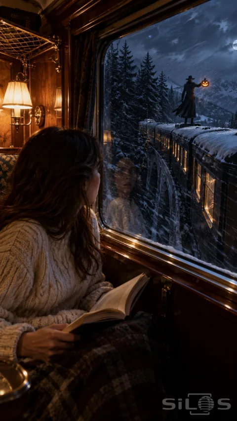 A woman looks from her book through a sleeper-train window at a dark figure holding a pumpkin lantern on the snowy roof ahead.