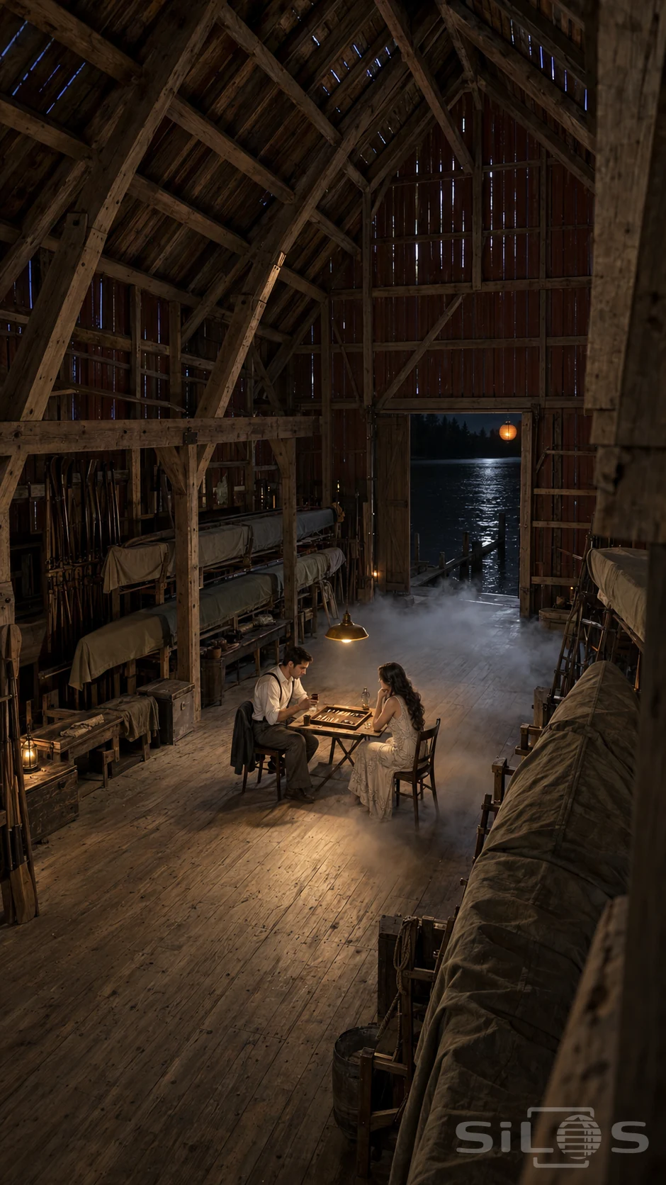 Two adults play backgammon beneath a lamp in a tall timber boathouse, with covered boats, low mist and dark lake water beyond.