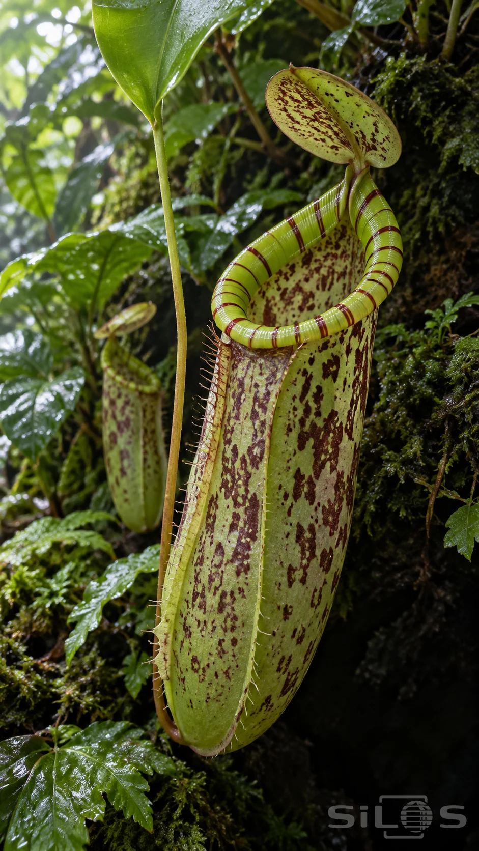 A pitcher plant with a striped green rim, burgundy mottling and an open lid hangs from a leaf tendril beside wet foliage and moss.