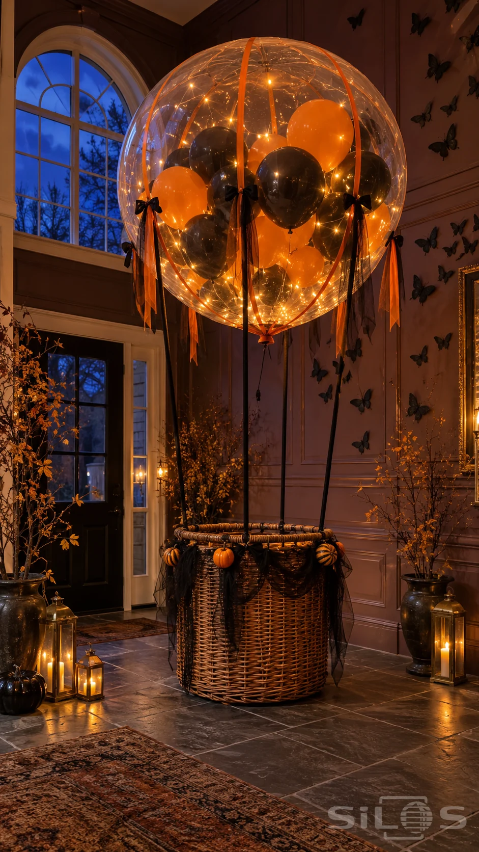 A transparent Halloween balloon filled with orange and black balloons glows above a wicker basket in a tall paneled hall.