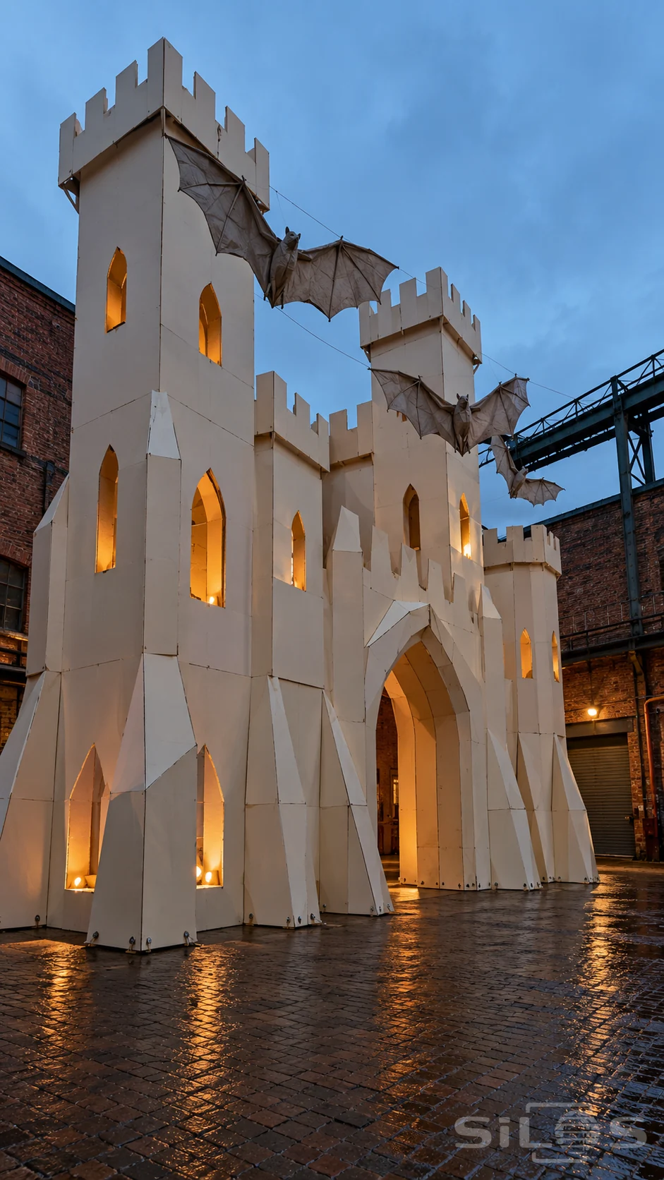 A tall Halloween paper castle with lit windows and hanging cloth bats stands in a wet brick loading yard at twilight.
