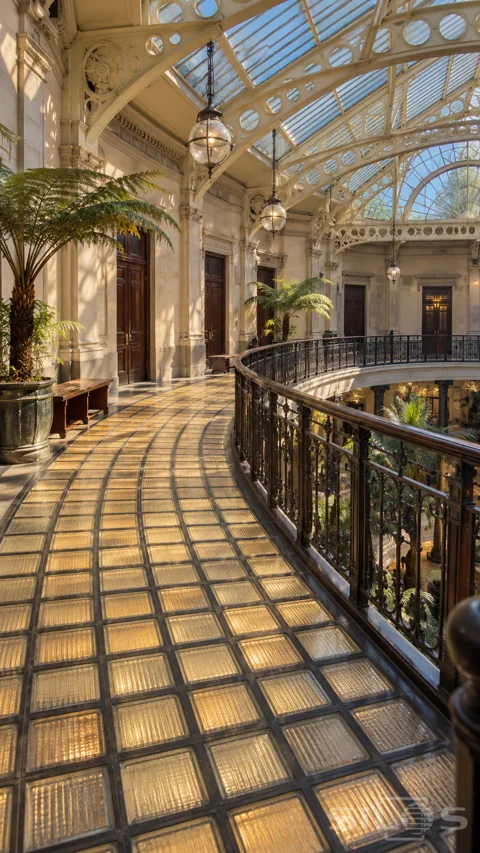 A curved upper gallery with glowing ribbed glass floor blocks; dark iron railings and cream roof trusses beneath a skylight.