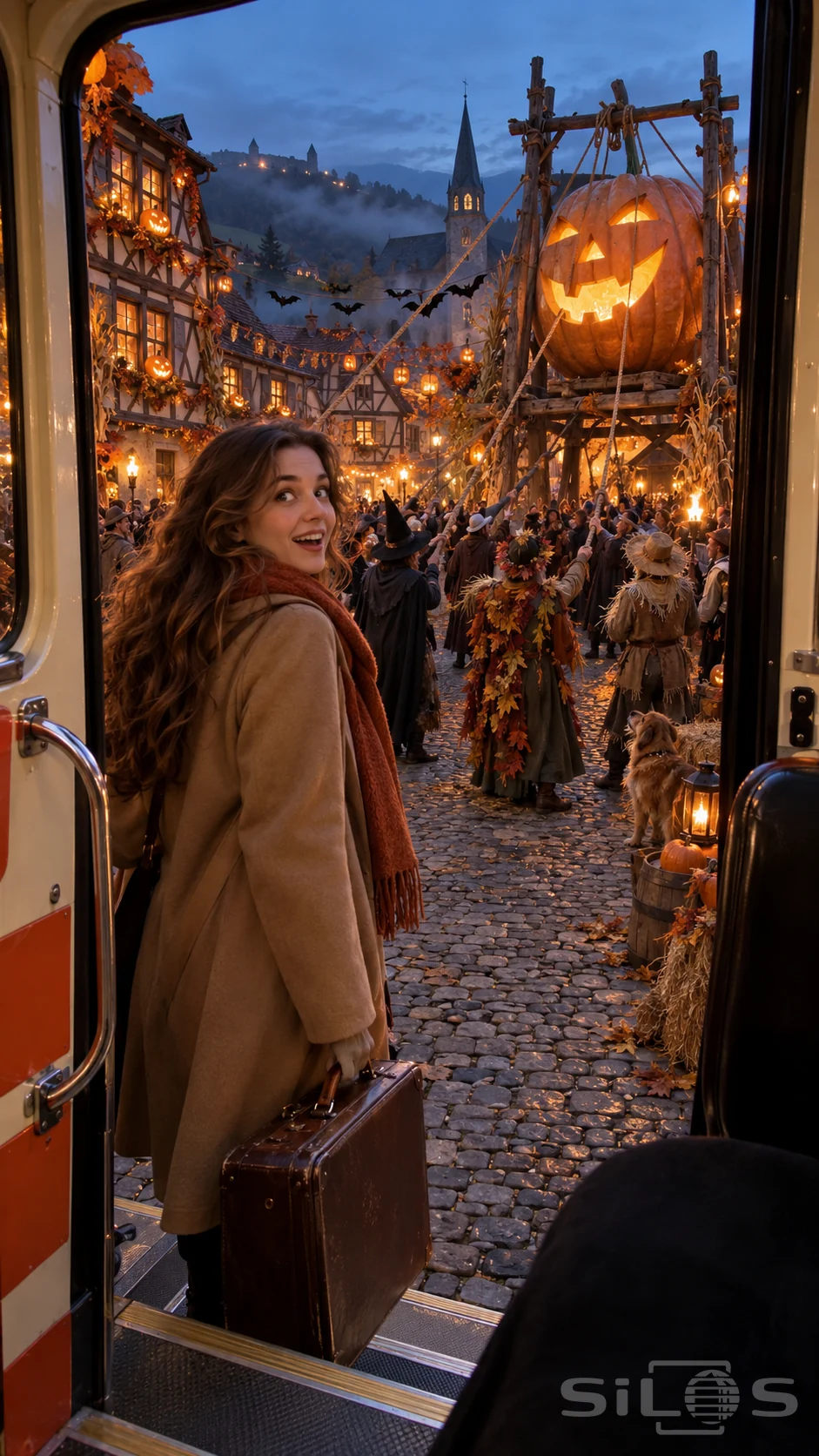A woman with a suitcase stands in a vintage bus doorway as a costumed town crowd hoists an enormous glowing pumpkin.