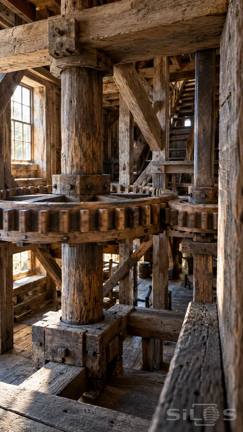 Wooden mill gears mesh on two supported timber shafts beneath heavy beams; with slight motion blur; stairs and soft window light.