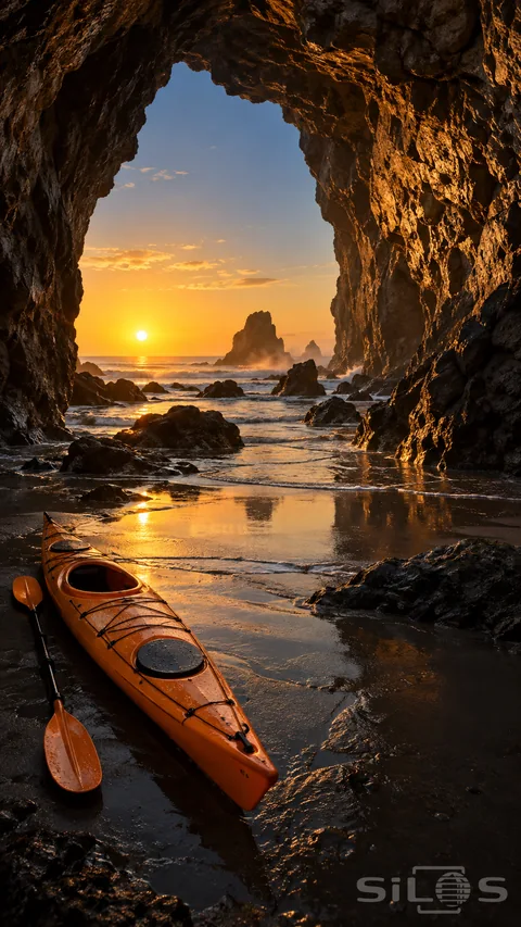 An orange kayak and paddle rest on wet sand inside a rocky sea cave; with low sunset light beyond the opening.