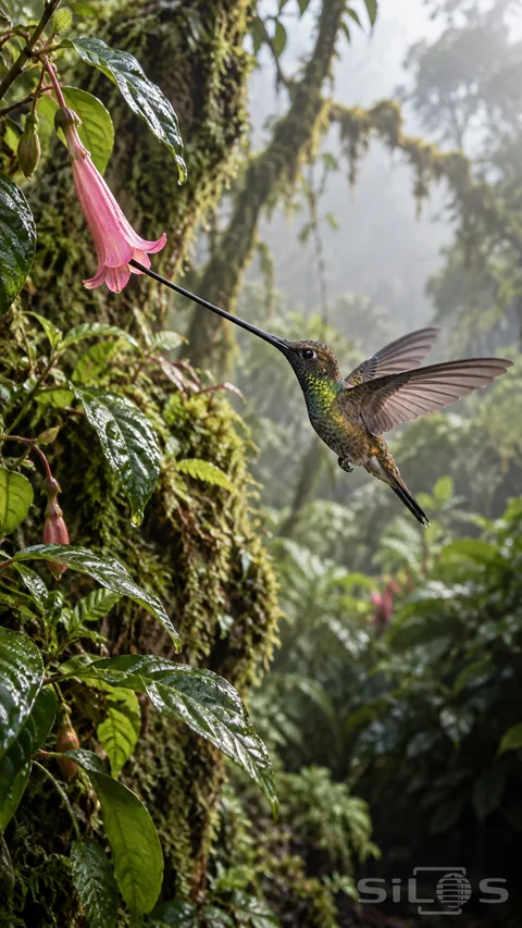 A green hummingbird hovers with two spread wings and a very long black bill reaching inside a hanging pink tubular flower.