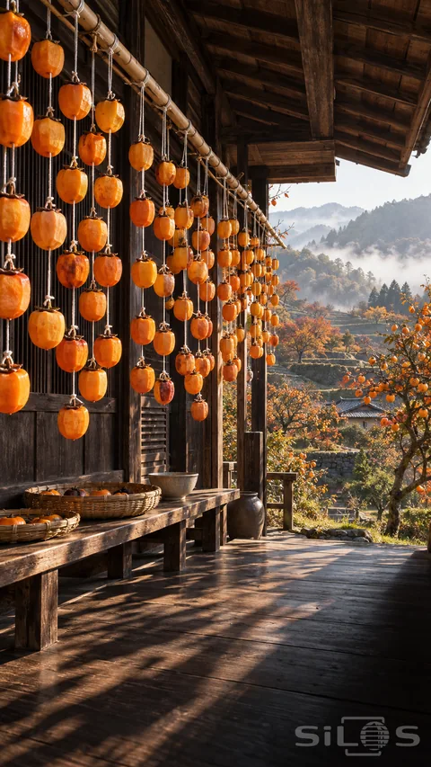 Rows of drying persimmons hang on white strings beneath wooden eaves beside baskets and an open orchard view.