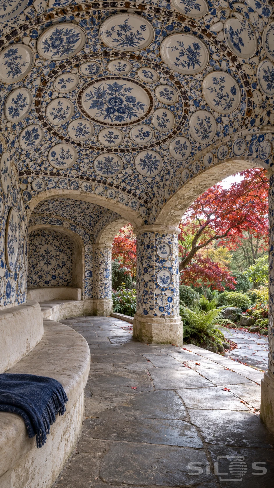 Blue and white plate mosaics cover an arched garden shelter with a curved stone bench, red maple leaves and a wet path.