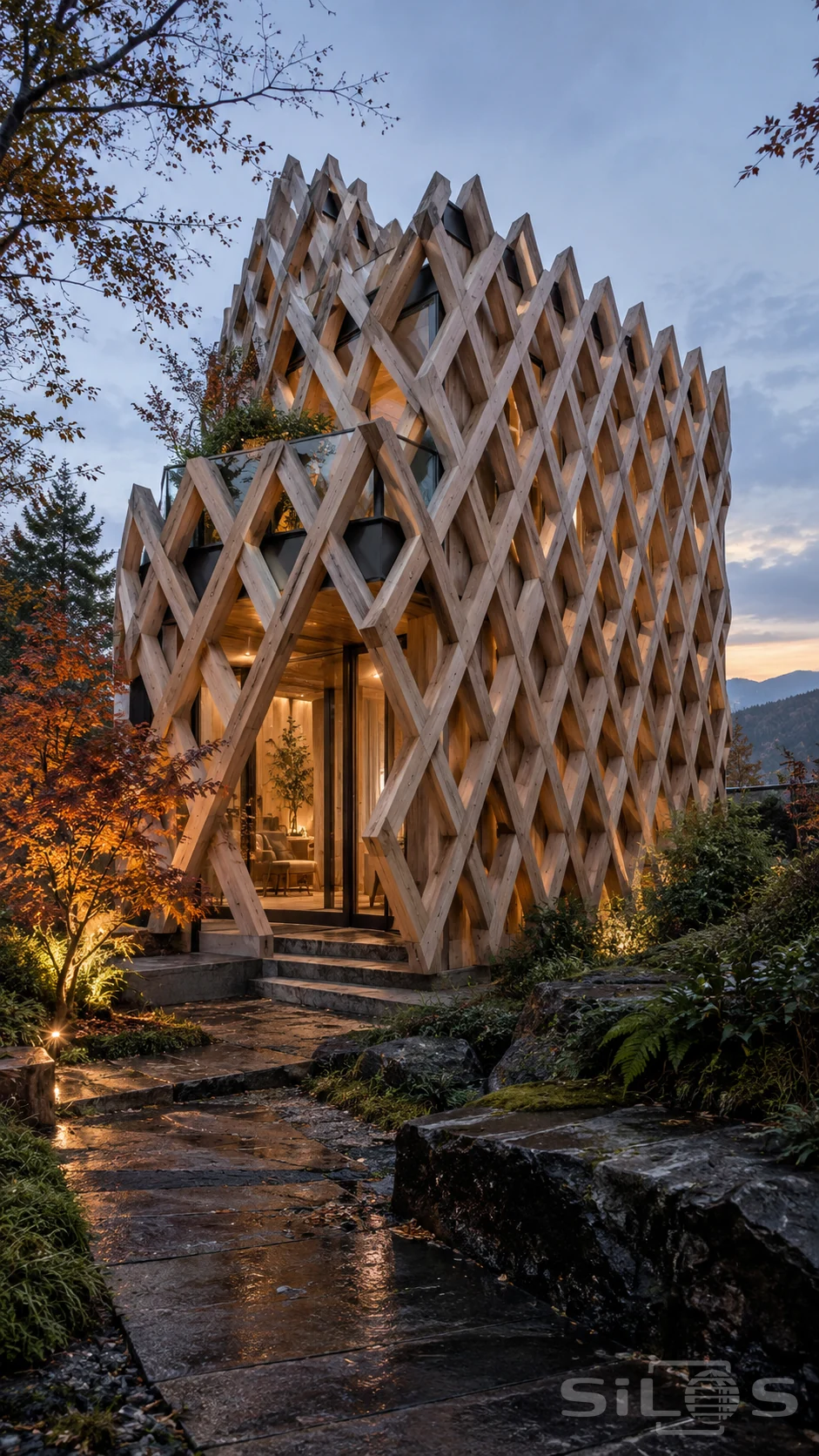 Pale diagonal timbers wrap a warmly lit glass house above a wet garden path with a red maple, rocks and ferns.