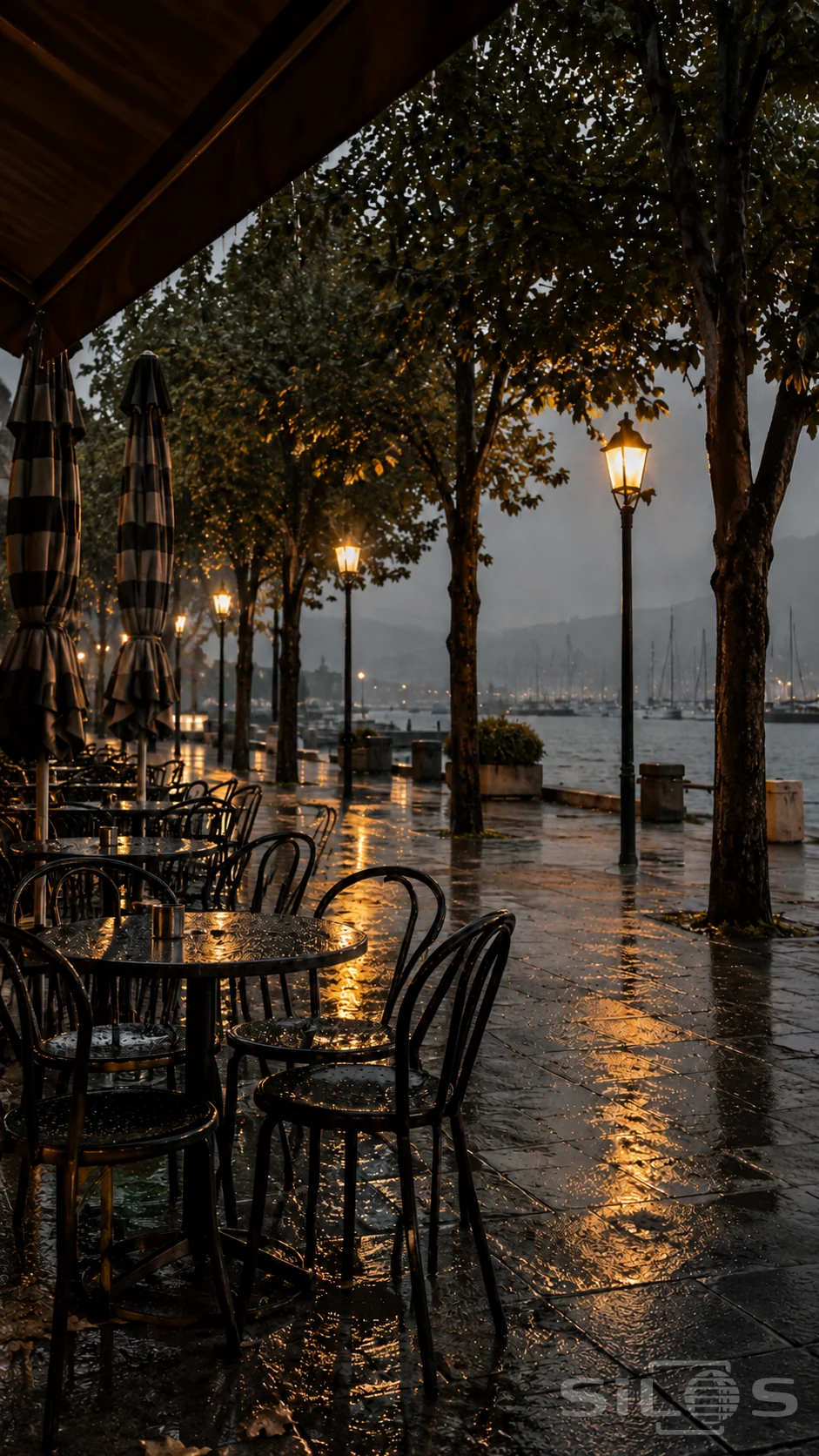 Rainy waterfront cafe terrace with empty black metal chairs, folded striped umbrellas and amber lamp reflections beside a misty harbor.