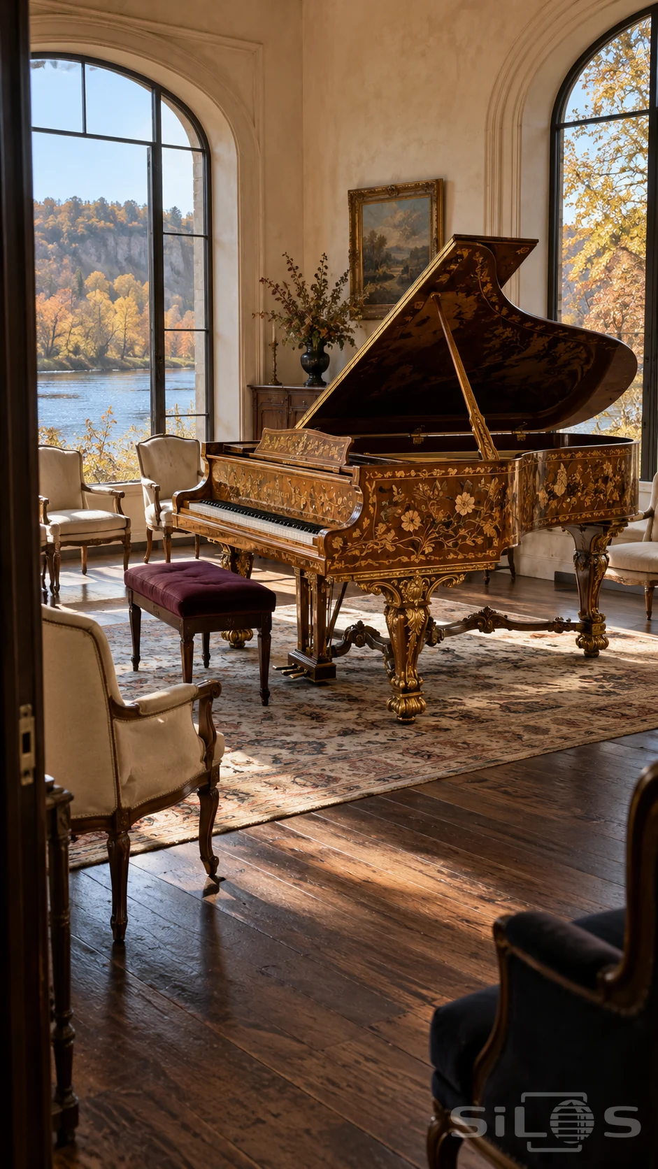 An ornate grand piano with floral timber inlay and gilded carved supports in a pale salon overlooking an autumn river.