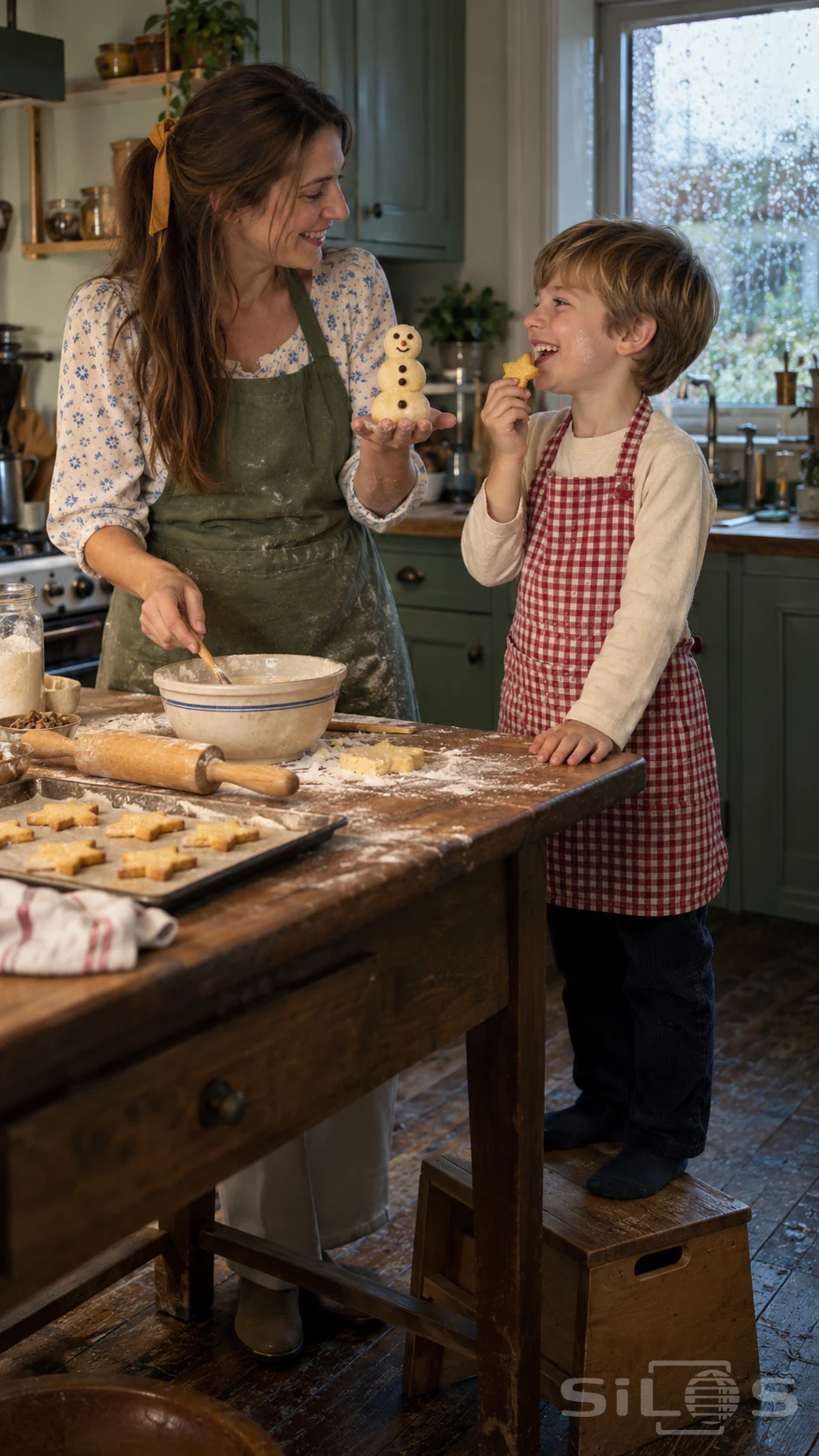 Mother holds a small dough snowman while her son in a gingham apron tastes a baked star biscuit.
