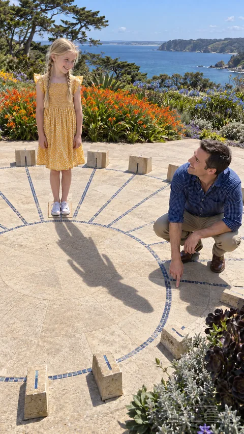 Human sundial shadows beneath a girl in a yellow dress and her crouching father on a mosaic plaza above a coastal flower garden