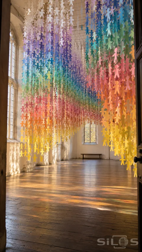 Long curtains of small paper figures form a rainbow above the wooden floor of an empty sunlit hall.