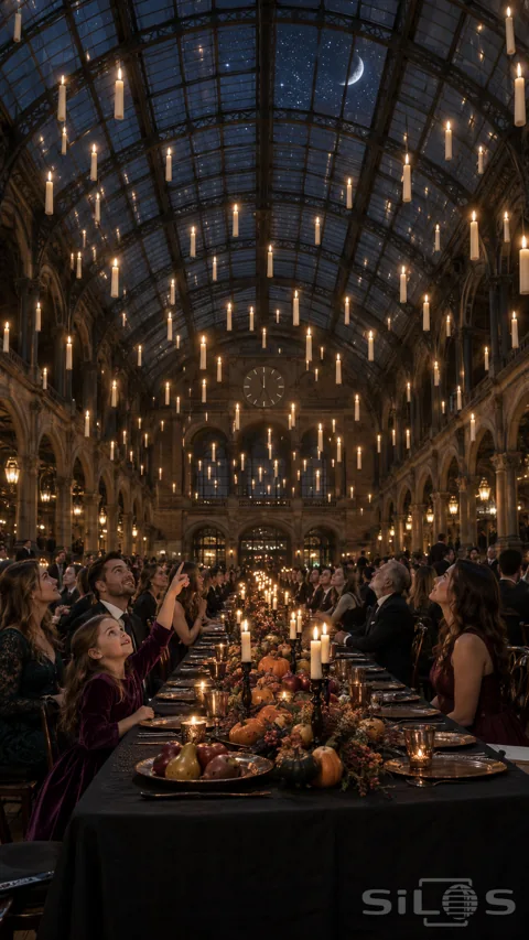 Guests look up at floating candles beneath a railway hall's glass roof; seated around matte black linen and autumn fruit.