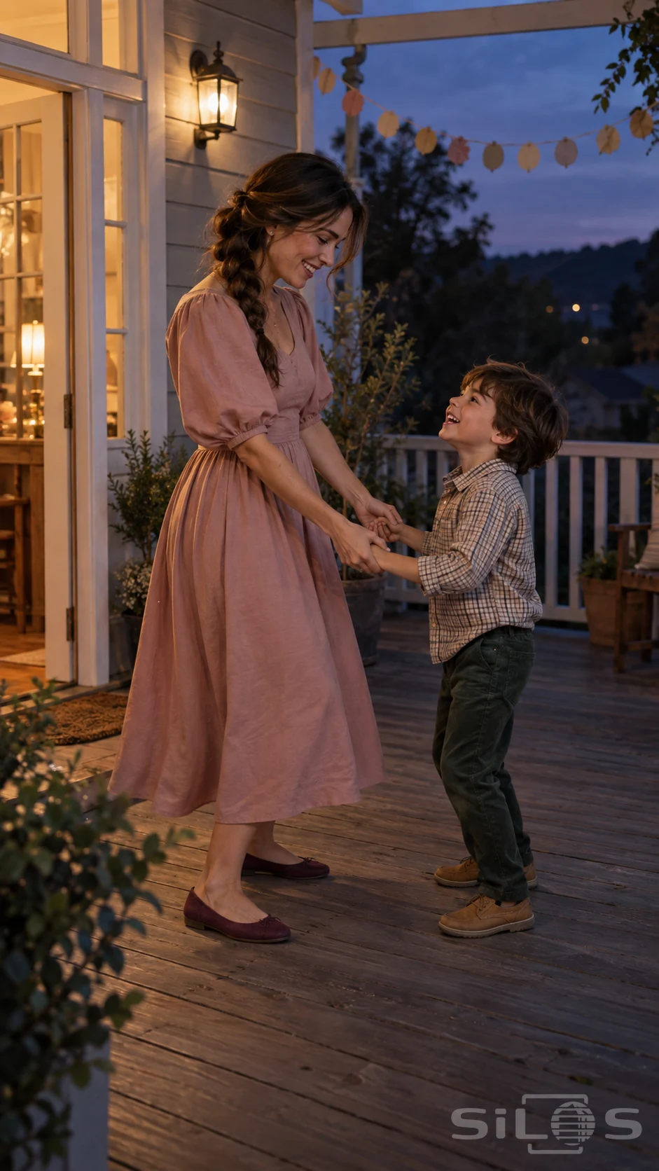 A mother and son dance while holding hands on a wooden porch at dusk, with warm light behind them.