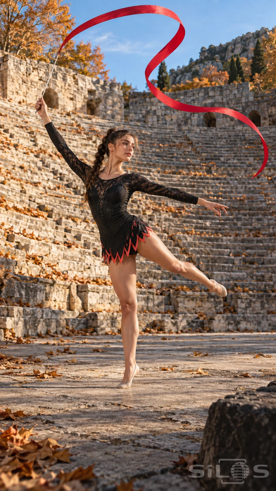 A gymnast in black and coral sportswear turns with a red ribbon in a wide empty stone amphitheatre.