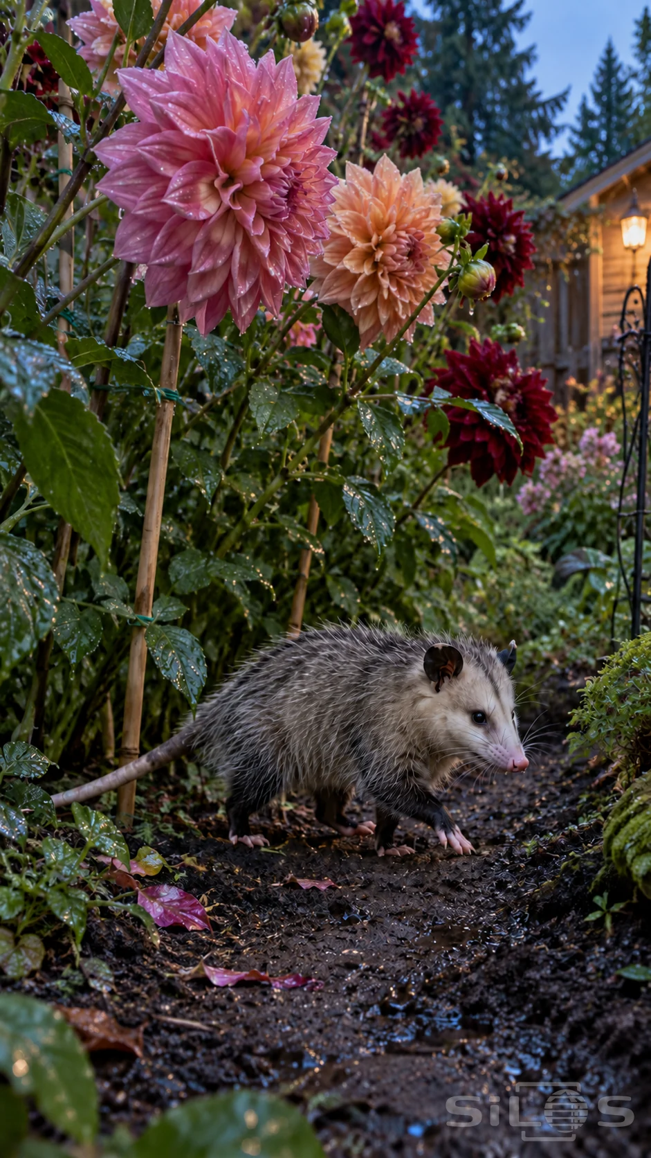 An opossum walks along a dark garden path beneath wet dahlias in pink and apricot evening color.