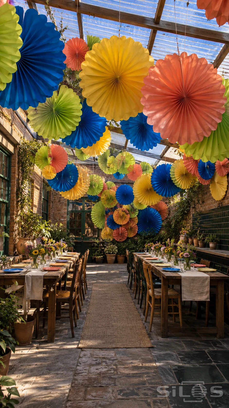Paper fan decorations with scalloped folded petals hang in vivid colors above two supper tables in a brick courtyard.