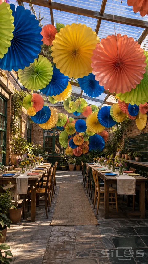 Paper fan decorations with scalloped folded petals hang in vivid colors above two supper tables in a brick courtyard.