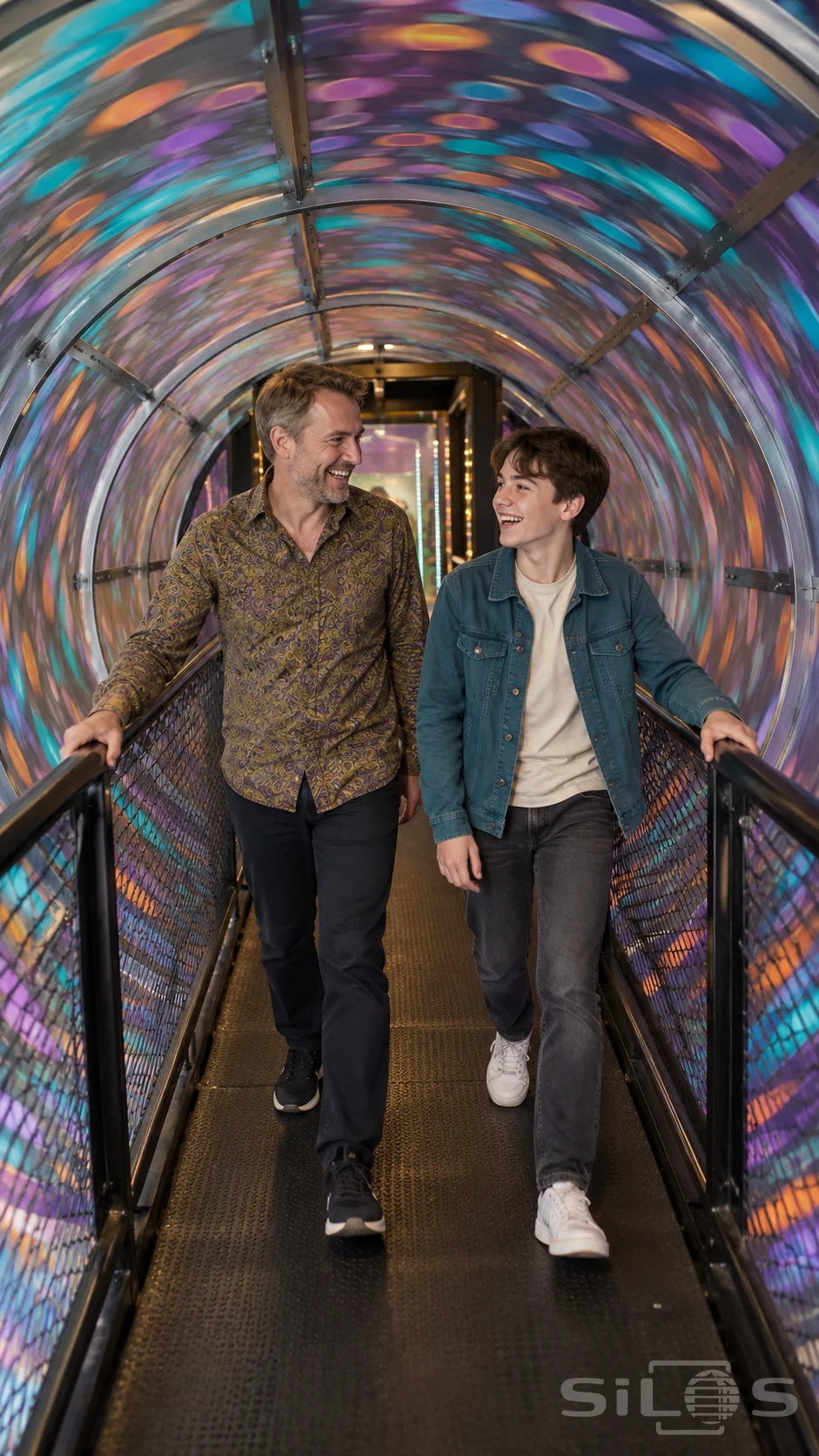 A funhouse crossing carries a laughing father and teen son along a fixed railed bridge inside a colorful circular tunnel.