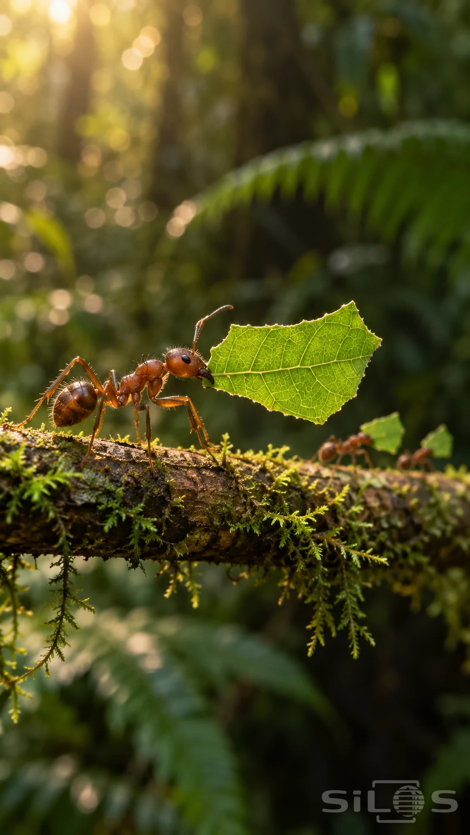 Leafcutter ants carry green leaf pieces along a mossy twig, with the nearest ant gripping a horizontal fragment in its jaws.