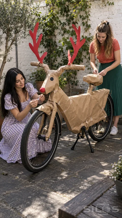Two women make bicycle gift wrap from brown kraft paper with tall red card antlers in a sunny courtyard.