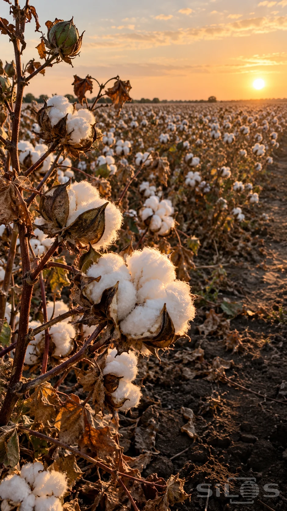 White cotton bolls burst from split brown capsules on woody stems beside dry leaves and a green unopened boll in a sunlit field.