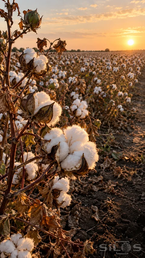 White cotton bolls burst from split brown capsules on woody stems beside dry leaves and a green unopened boll in a sunlit field.